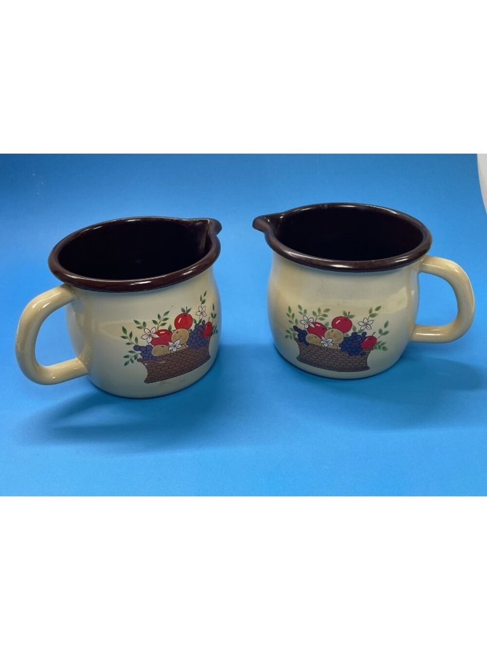 VTG Lot Of  2 FTD Enamelware Pitcher Beige Brown Fruit Basket Print 4"